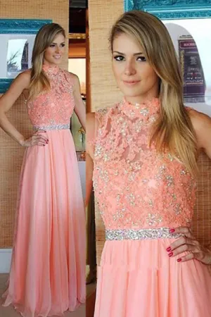 A-line Sleeveless High Neck Floor Length Pink Prom Dress with Lace Beading LPD040
