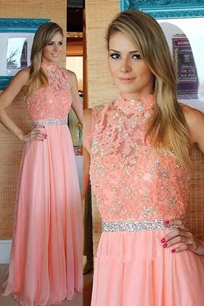 A-line Sleeveless High Neck Floor Length Pink Prom Dress with Lace Beading LPD040