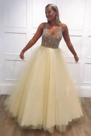 A-Line Sleeveless Open Back Tulle Beaded V-Neck Long Prom Dress OHC148