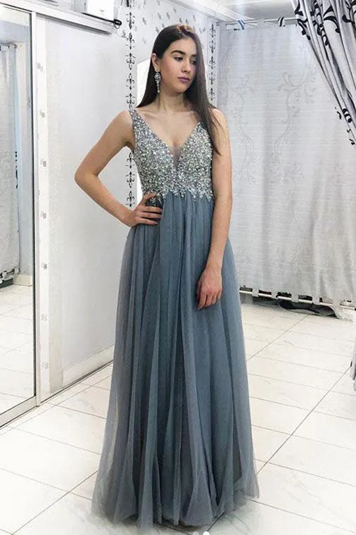 A Line Sleeveless Tulle Beading Long Prom/Evening  Dresses OHC158