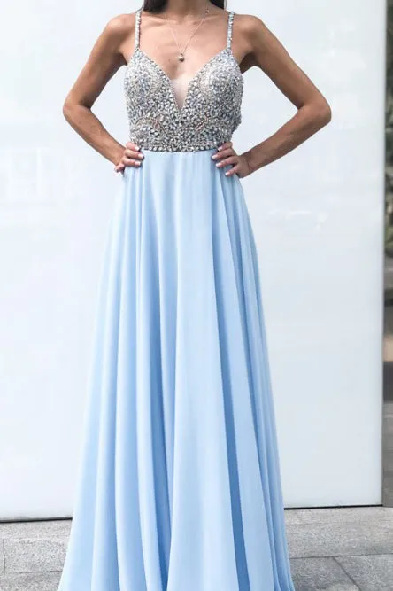A-Line Spaghetti Straps Backless Floor-Length Light Blue Beaded Chiffon Prom Dress OHC029