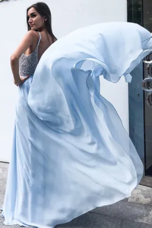 A-Line Spaghetti Straps Backless Floor-Length Light Blue Beaded Chiffon Prom Dress OHC029