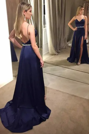 A-Line Spaghetti Straps Backless Navy Blue Prom Dress with Beading OHC098