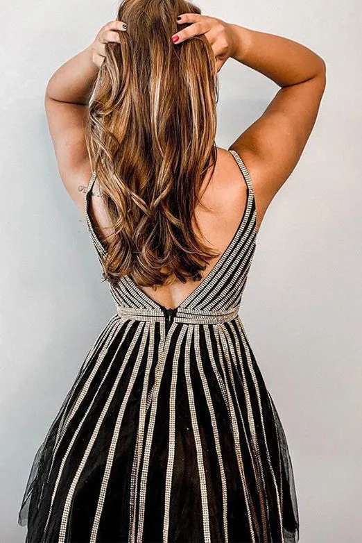 A Line Spaghetti Straps Black Short Homecoming Dresses Beading OHM077