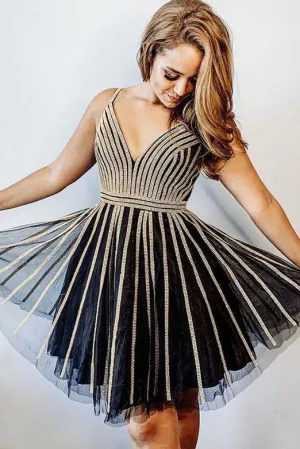 A Line Spaghetti Straps Black Short Homecoming Dresses Beading OHM077