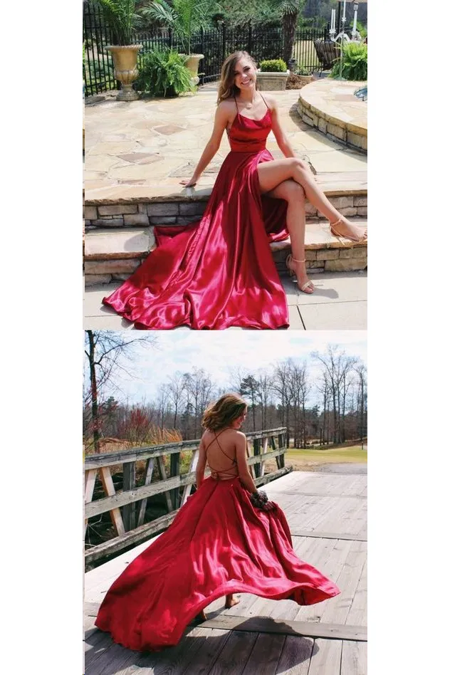 A Line Spaghetti Straps Floor Length Sleeveless Burgundy Slit Long Satin Prom Dresses OHC259