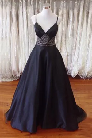 A-line Spaghetti Straps Open Back Sweep Train Black Prom Dress with Beading P73