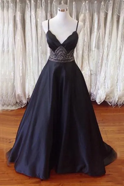 A-line Spaghetti Straps Open Back Sweep Train Black Prom Dress with Beading P73