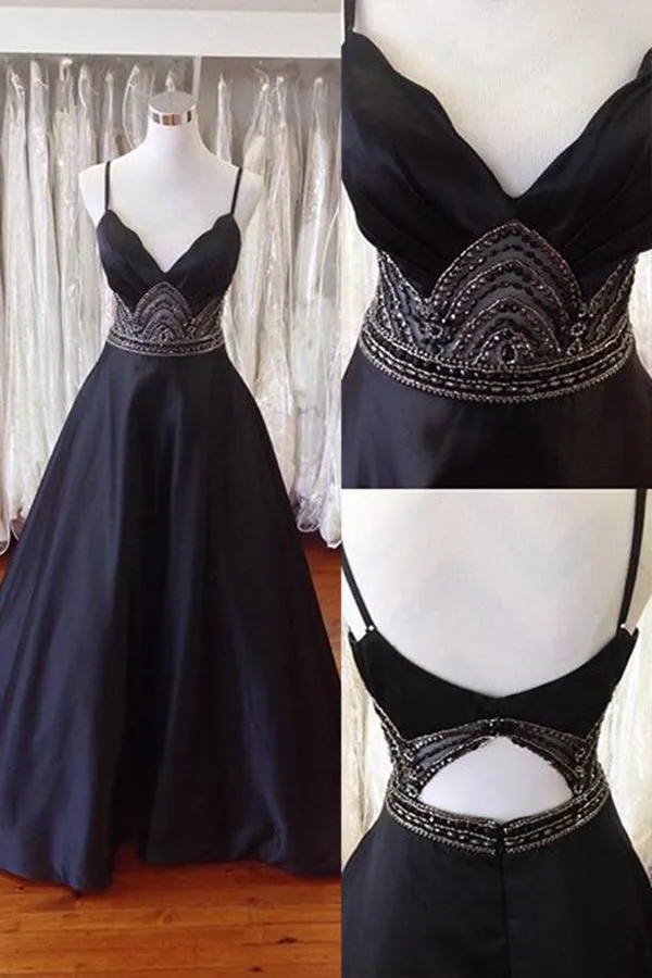A-line Spaghetti Straps Open Back Sweep Train Black Prom Dress with Beading P73