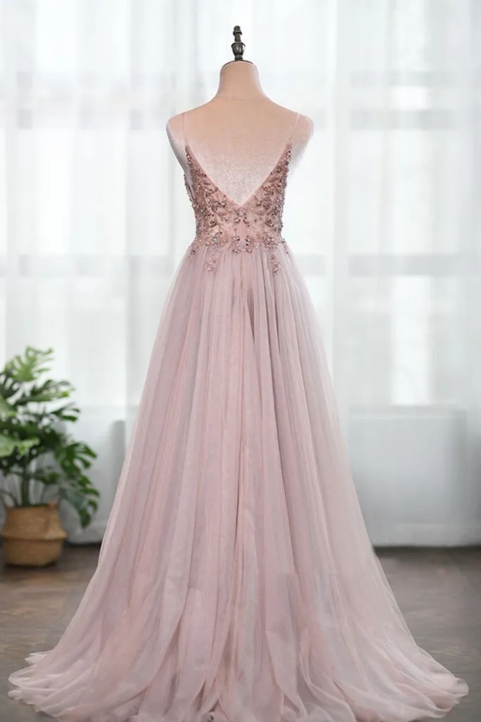 A-line Spaghetti Straps See Through Sleeveless Beading Long Tulle Prom Dress With Slit Evening Dress OHC296