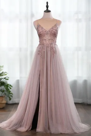 A-line Spaghetti Straps See Through Sleeveless Beading Long Tulle Prom Dress With Slit Evening Dress OHC296
