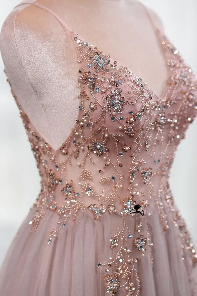 A-line Spaghetti Straps See Through Sleeveless Beading Long Tulle Prom Dress With Slit Evening Dress OHC296