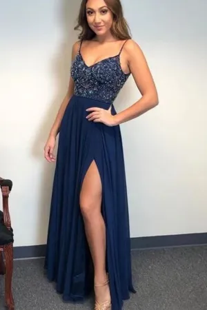 A Line Spaghetti Straps Sleeveless Beaded Long Prom Dress Split OHC151