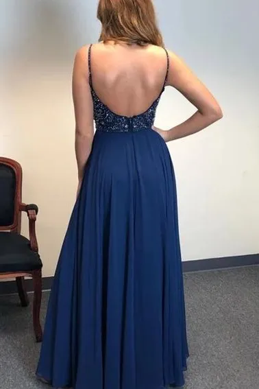 A Line Spaghetti Straps Sleeveless Beaded Long Prom Dress Split OHC151