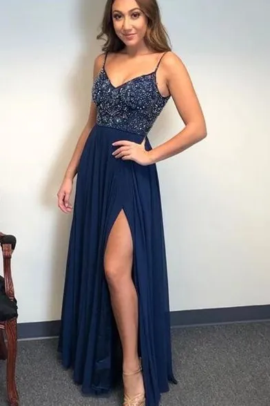 A Line Spaghetti Straps Sleeveless Beaded Long Prom Dress Split OHC151