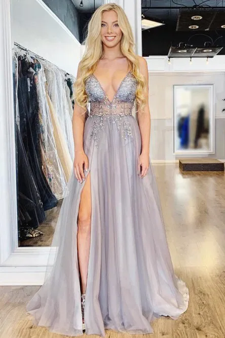A-Line Spaghetti Straps Sweep Train Lavender Prom Dress with Beading Split LPD098