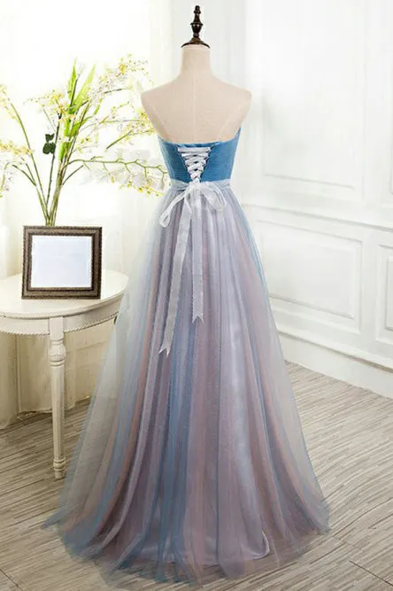 A-Line Sweetheart Floor-Length Blue Tulle Prom Dress with Beading OHC075