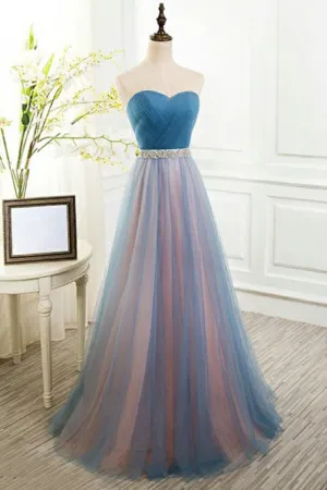 A-Line Sweetheart Floor-Length Blue Tulle Prom Dress with Beading OHC075