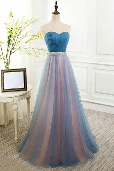 A-Line Sweetheart Floor-Length Blue Tulle Prom Dress with Beading OHC075