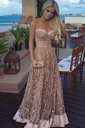A-Line Sweetheart Floor-Length Champagne Lace Prom Dress with Beading OHC093