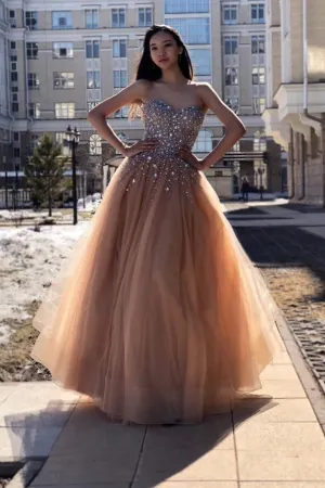 A Line Sweetheart Floor Length Tulle Beaded Long Prom/Evening Dress OHC177