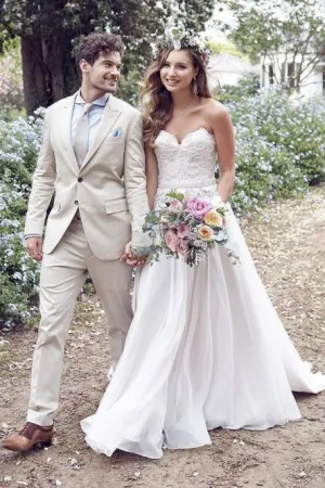 A-Line Sweetheart Sweep Train Wedding Dress with Appliques Beading OHD074