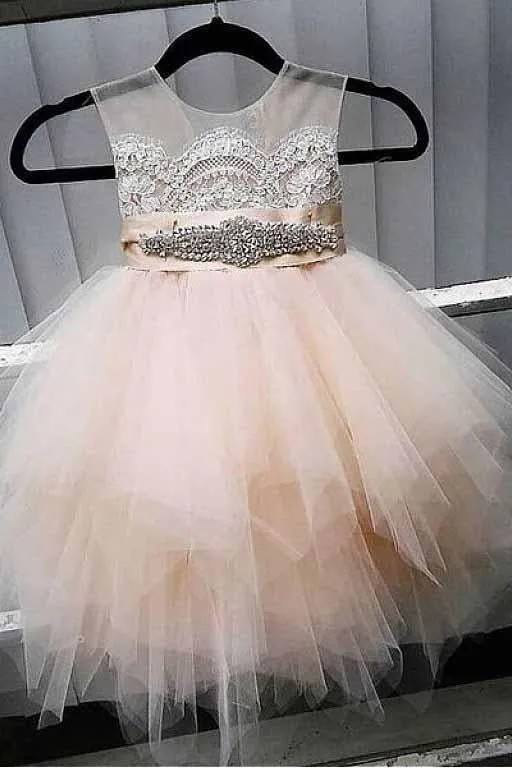 A-Line Tulle Beads Appliques Scoop Button Cap Sleeve Flower Girl Dresses OHR022