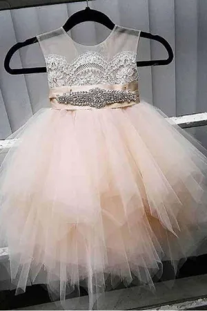 A-Line Tulle Beads Appliques Scoop Button Cap Sleeve Flower Girl Dresses OHR022