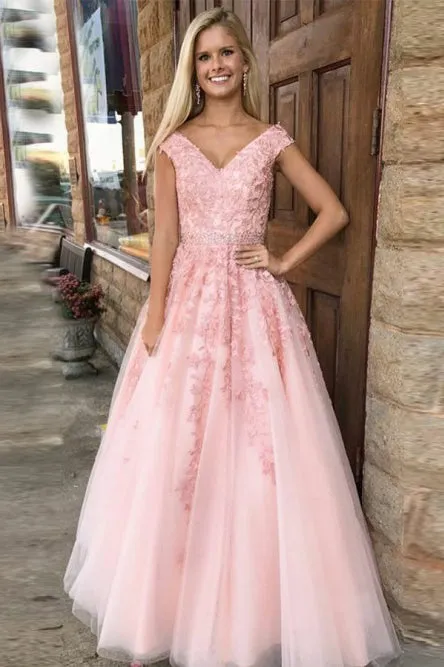 A-Line V-Neck Cap Sleeves Pink Tulle Beaded Appliques Prom Dress OHC102