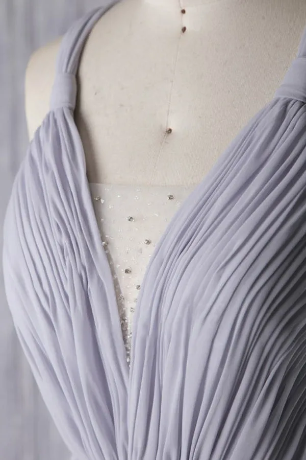 A-Line V-Neck Floor-Length Grey Chiffon Criss-Cross Straps Prom Dress with Beading Q88