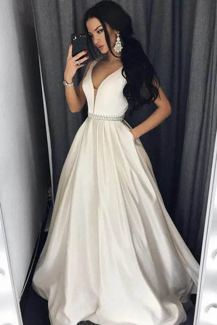 A-Line V-Neck Floor-Length Ivory Beaded Prom Dress with Pockets OHC021