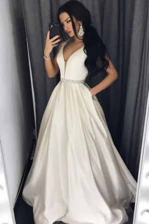 A-Line V-Neck Floor-Length Ivory Beaded Prom Dress with Pockets OHC021