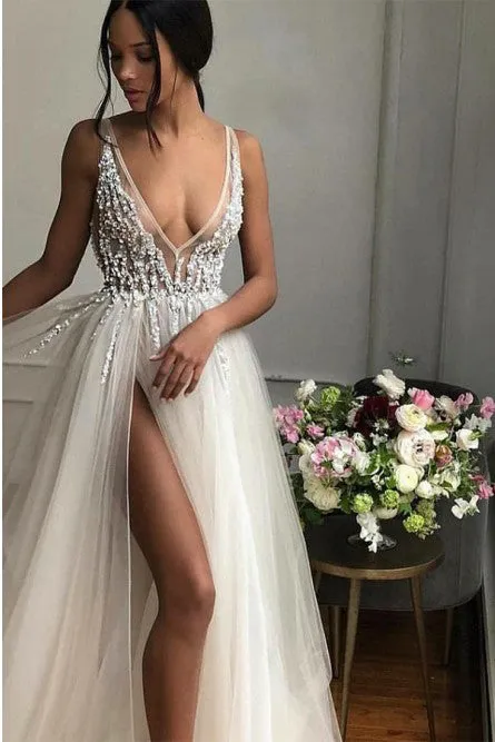 A-Line V-Neck Floor-Length Ivory Prom Dress with Beading Split OHC032