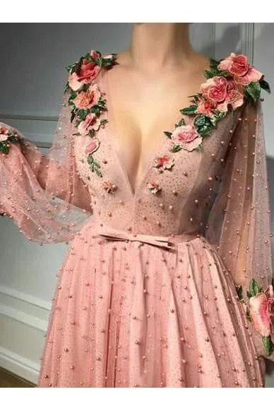 A line V-neck Floor Length Long Sleeves Beading Embroidery Tulle Prom Dress OHC114