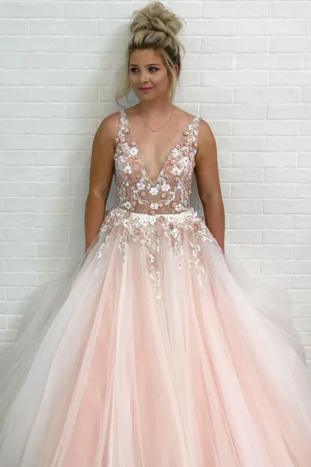 A-Line V-Neck Floor-Length Pink Prom Dress with Appliques Beading L039