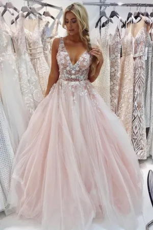 A-Line V-Neck Floor-Length Pink Prom Dress with Appliques Beading L039
