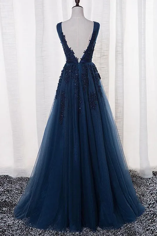 A-Line V-neck Floor length Sleeveless Tulle Prom Dress/Evening Dress With Appliques  OHC272