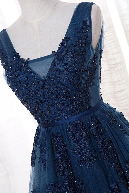 A-Line V-neck Floor length Sleeveless Tulle Prom Dress/Evening Dress With Appliques  OHC272