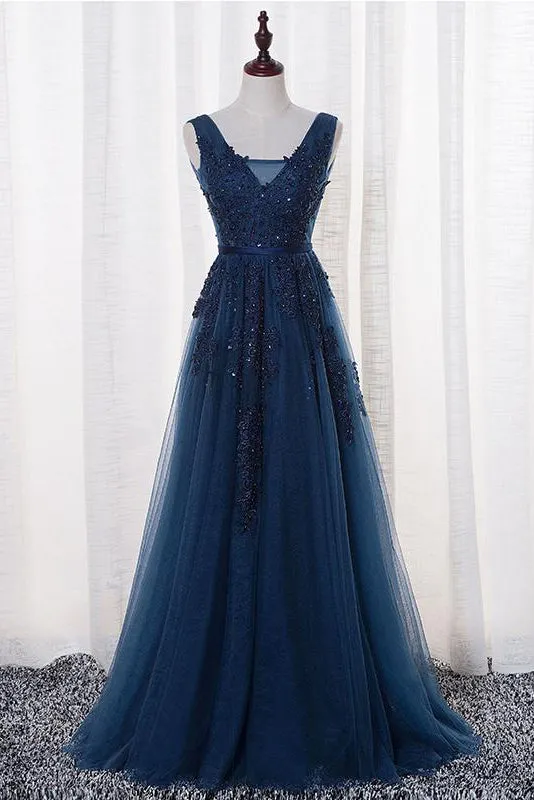 A-Line V-neck Floor length Sleeveless Tulle Prom Dress/Evening Dress With Appliques  OHC272
