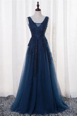 A-Line V-neck Floor length Sleeveless Tulle Prom Dress/Evening Dress With Appliques  OHC272