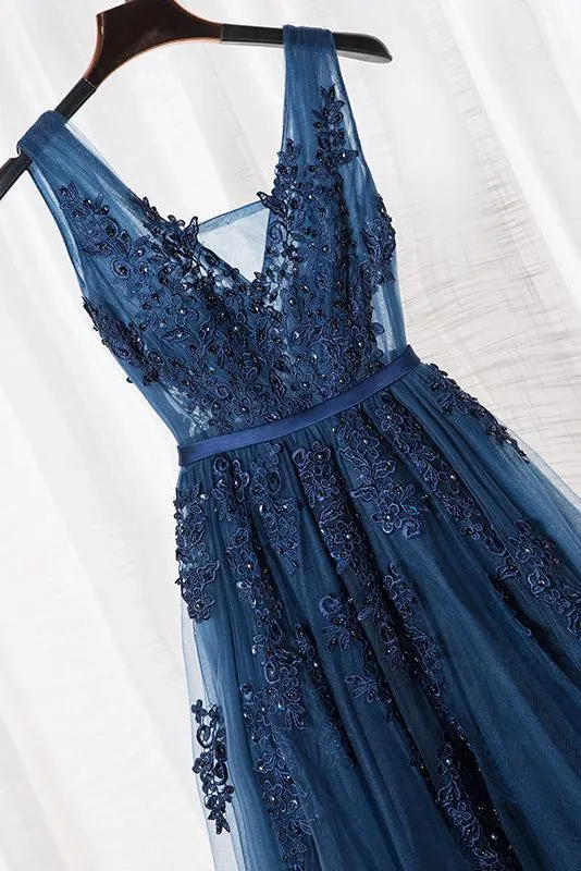 A-Line V-neck Floor length Sleeveless Tulle Prom Dress/Evening Dress With Appliques  OHC272