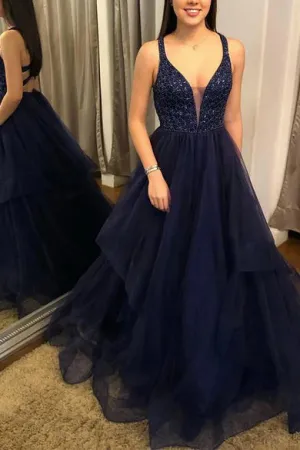 A Line V Neck Open Back Sleeveless Beaded Long Navy Blue Tulle Prom Dress OHC342