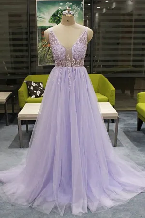 A Line V Neck Sleeveless Backless Beading Fashion Long Tulle Prom Dresses/Evening Dress OHC247