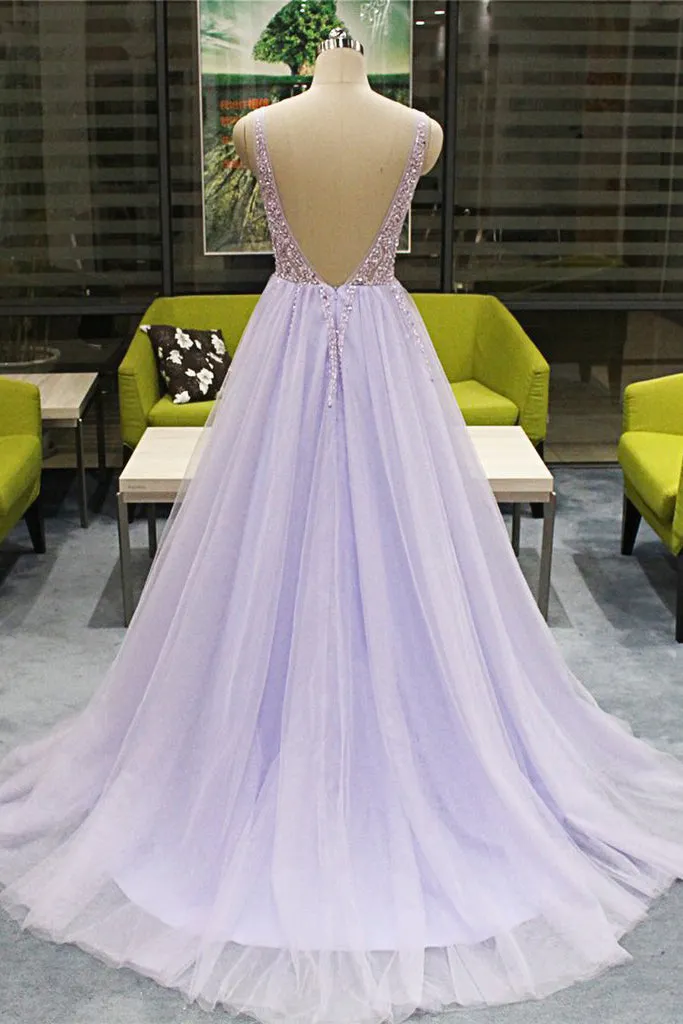A Line V Neck Sleeveless Backless Beading Fashion Long Tulle Prom Dresses/Evening Dress OHC247
