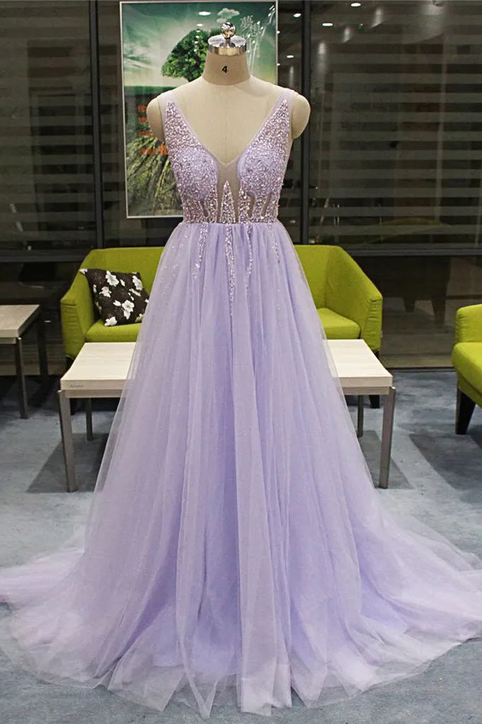 A Line V Neck Sleeveless Backless Beading Fashion Long Tulle Prom Dresses/Evening Dress OHC247