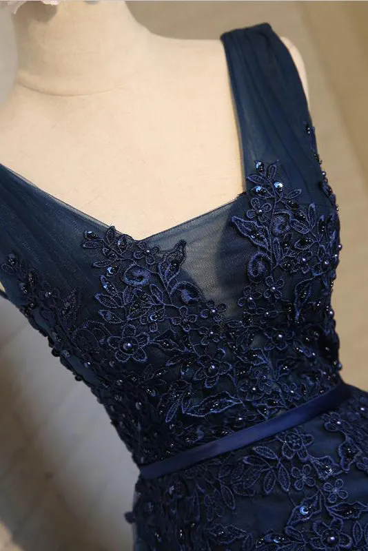 A Line V Neck Sleeveless Beading Appliques Tulle Homecoming Dress Short Prom Dress Party Dress  OHM126
