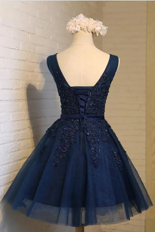 A Line V Neck Sleeveless Beading Appliques Tulle Homecoming Dress Short Prom Dress Party Dress  OHM126