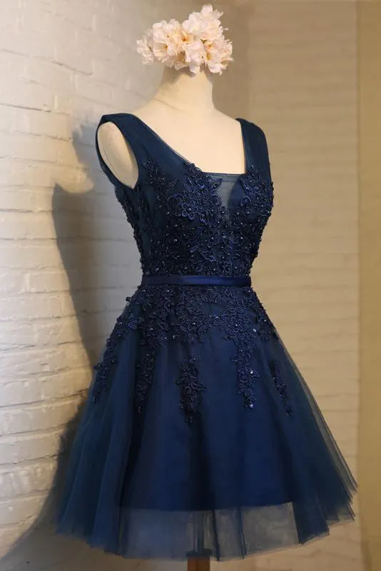 A Line V Neck Sleeveless Beading Appliques Tulle Homecoming Dress Short Prom Dress Party Dress  OHM126