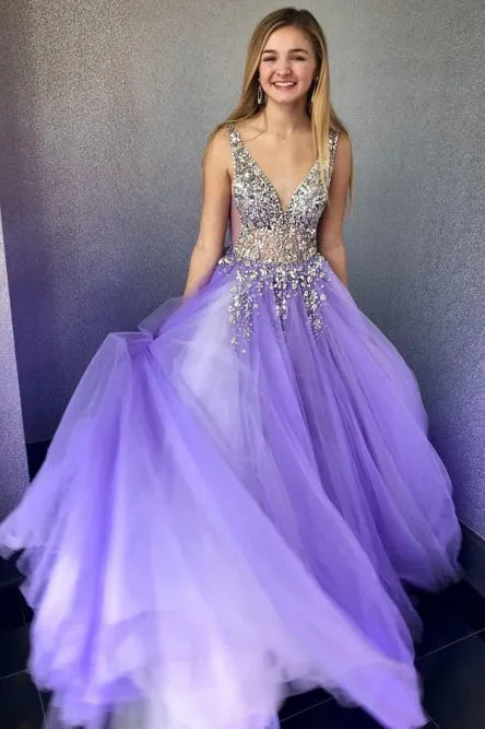 A-Line V-Neck Sleeveless Floor-Length Lilac Tulle Prom Dress with Beading OHC039