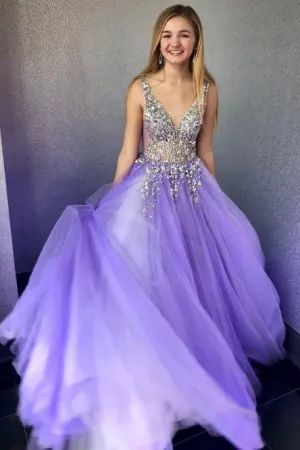 A-Line V-Neck Sleeveless Floor-Length Lilac Tulle Prom Dress with Beading OHC039